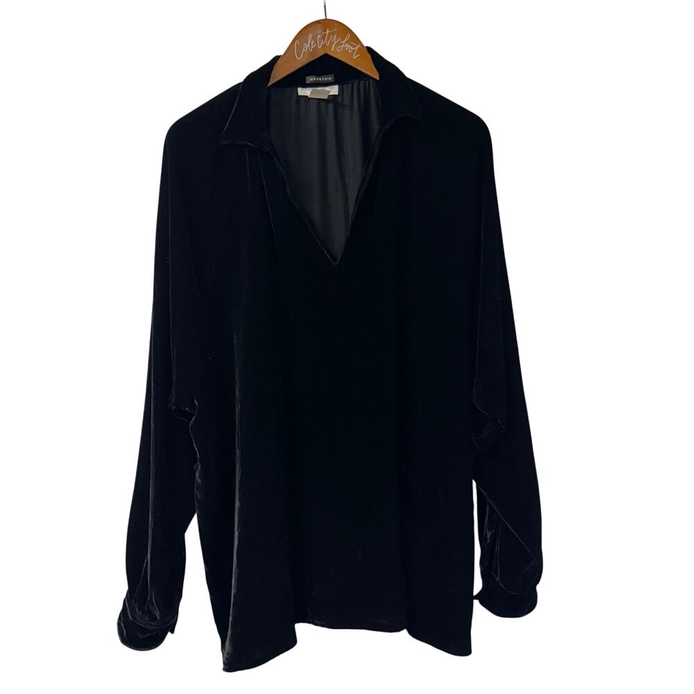 Industria by Paolo Bizzini Italy Black Velvet Casual Designer Collared Top VTG